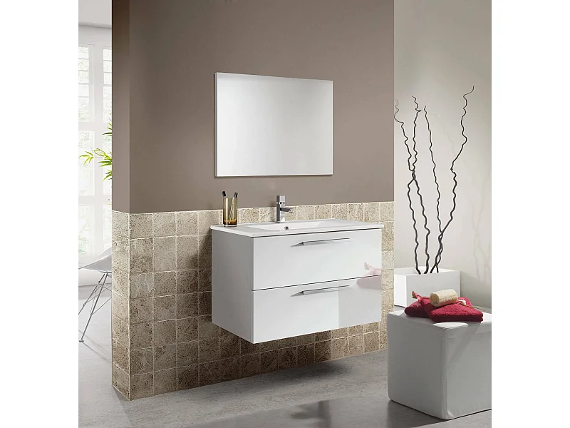 Mueble bajo lavabo Inglewood, Mueble de baño suspendido, Armario con 2 cajones y espejo, 80x45h57 cm, Blanco brillo