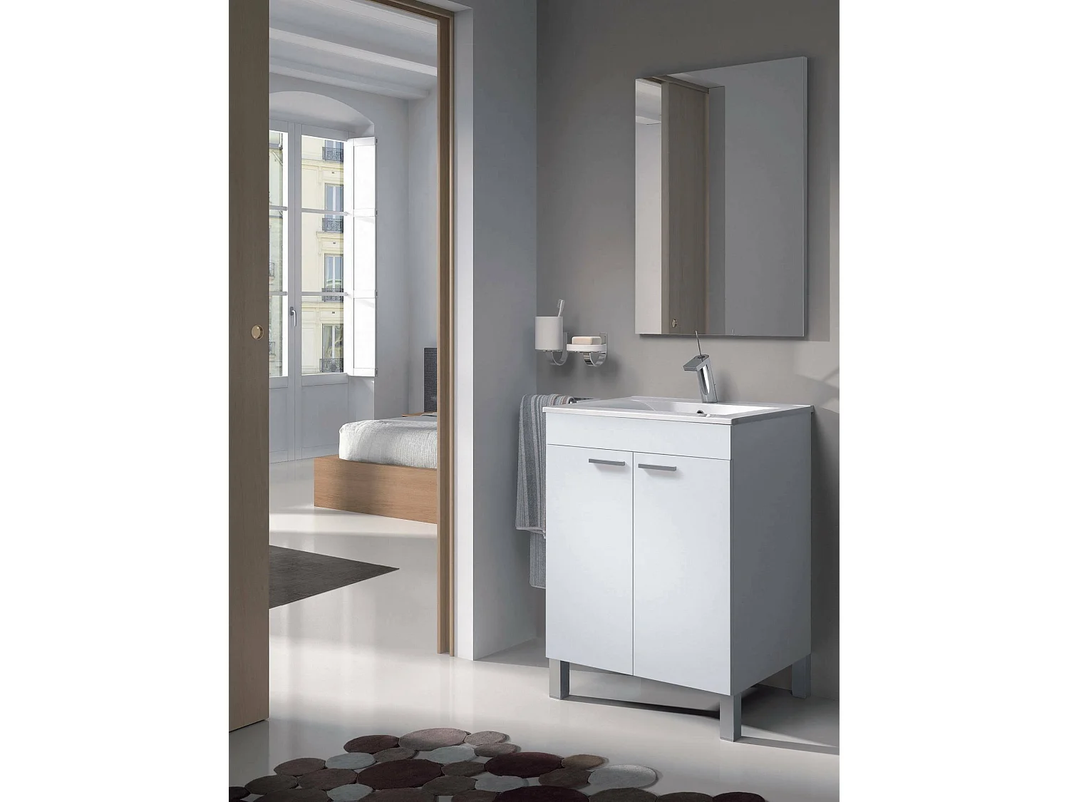 Meuble sous-vasque Naperville, Meuble de salle de bain, armoire 2 portes avec miroir, lavabo non inclus, 60x45h80 cm, Blanc brillant