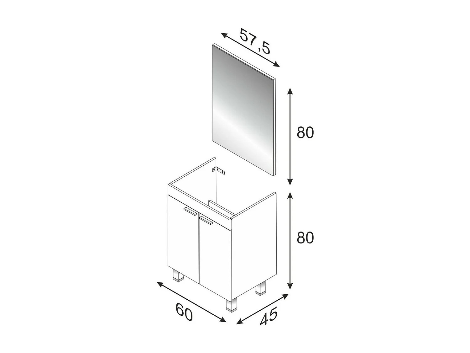 Meuble sous-vasque Naperville, Meuble de salle de bain, armoire 2 portes avec miroir, lavabo non inclus, 60x45h80 cm, Blanc brillant