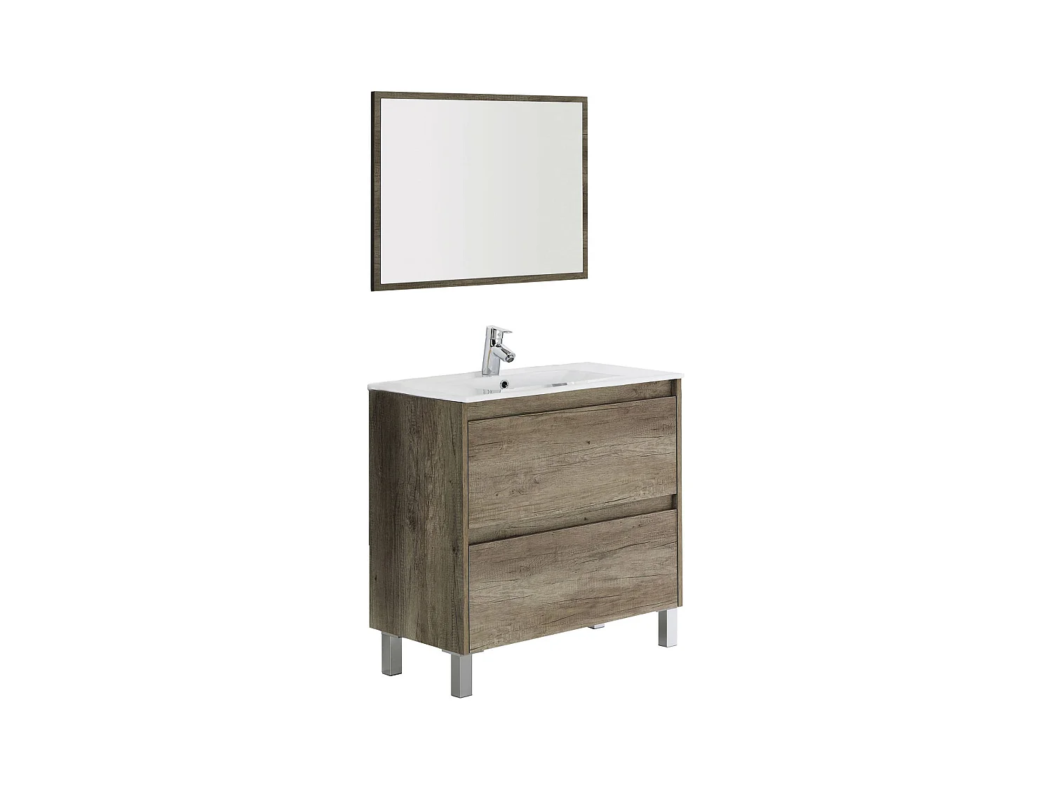 Meuble sous-vasque Modesto, Meuble sous-vasque mural avec 2 tiroirs, Armoire de salle de bain avec miroir, Hors lavabo, 80x45h80 cm, Chêne