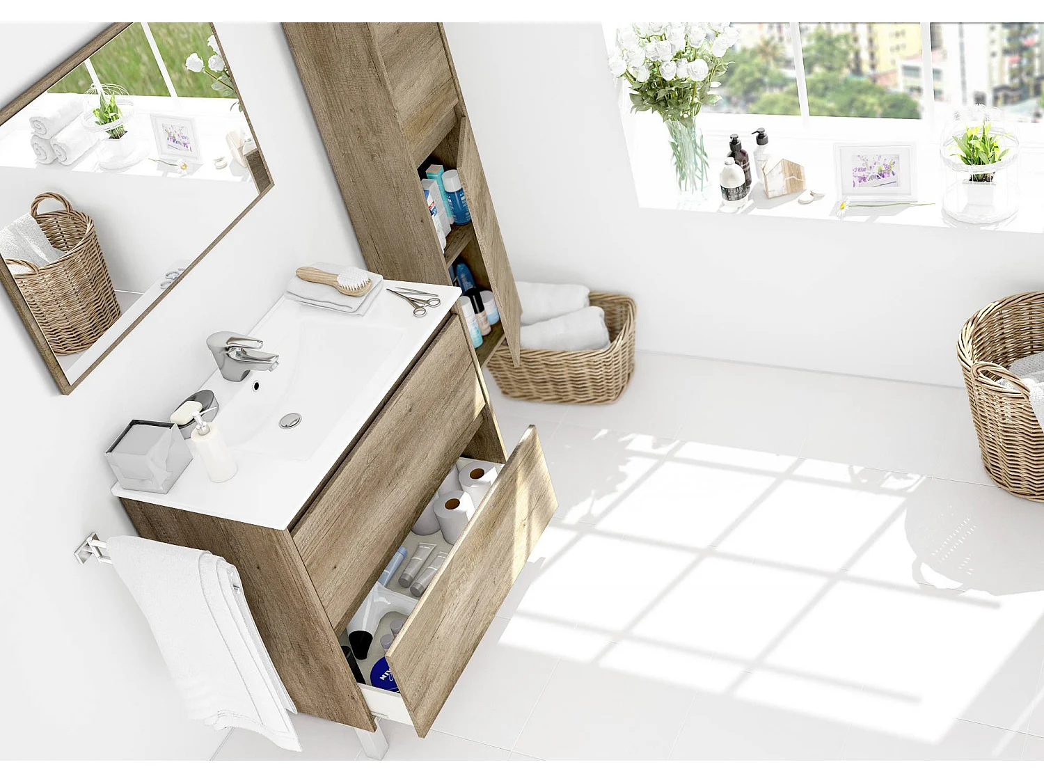 Dmora Onderkast Modesto 80x80x45h cm Bruin Eiken Met Spiegel 2 Laden, Soft Close