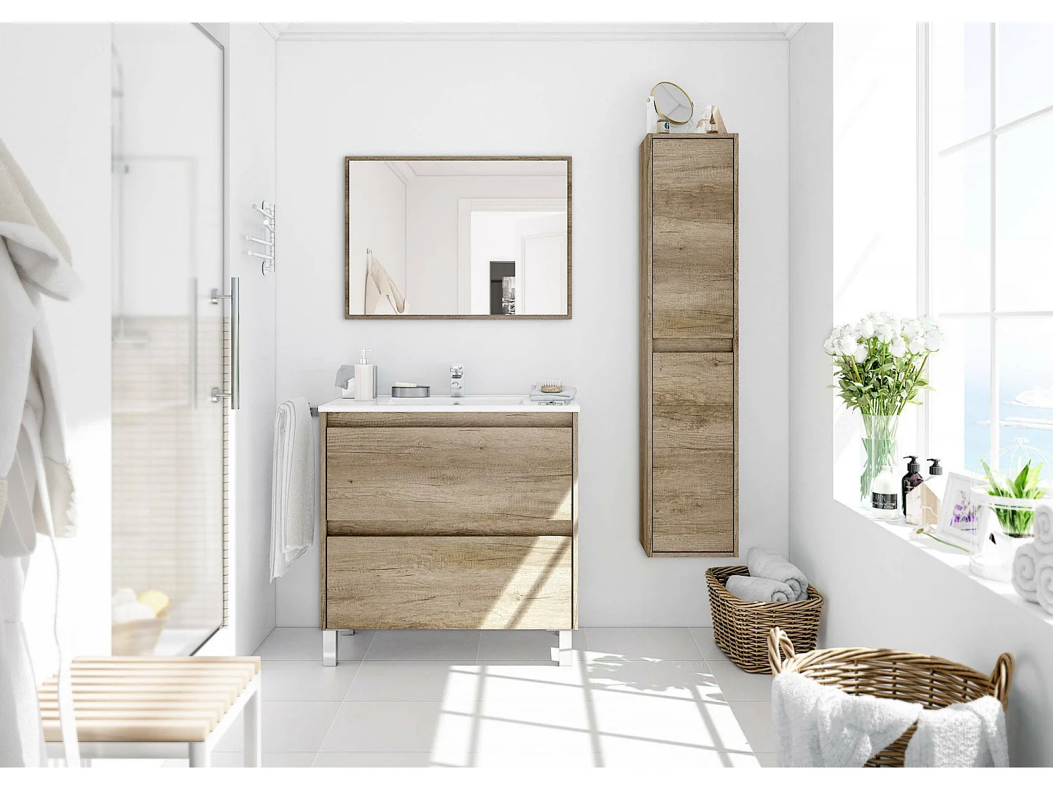 Móvel lavatório Modesto, Móvel lavatório suspenso com 2 gavetas, Armário de casa de banho com espelho, Sem lavatório, 80x45h80 cm, Carvalho