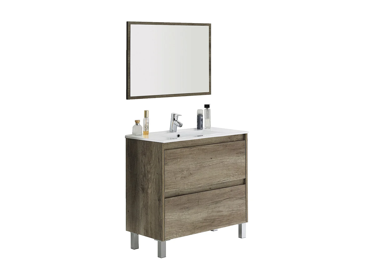 Móvel lavatório Modesto, Móvel lavatório suspenso com 2 gavetas, Armário de casa de banho com espelho, Sem lavatório, 80x45h80 cm, Carvalho