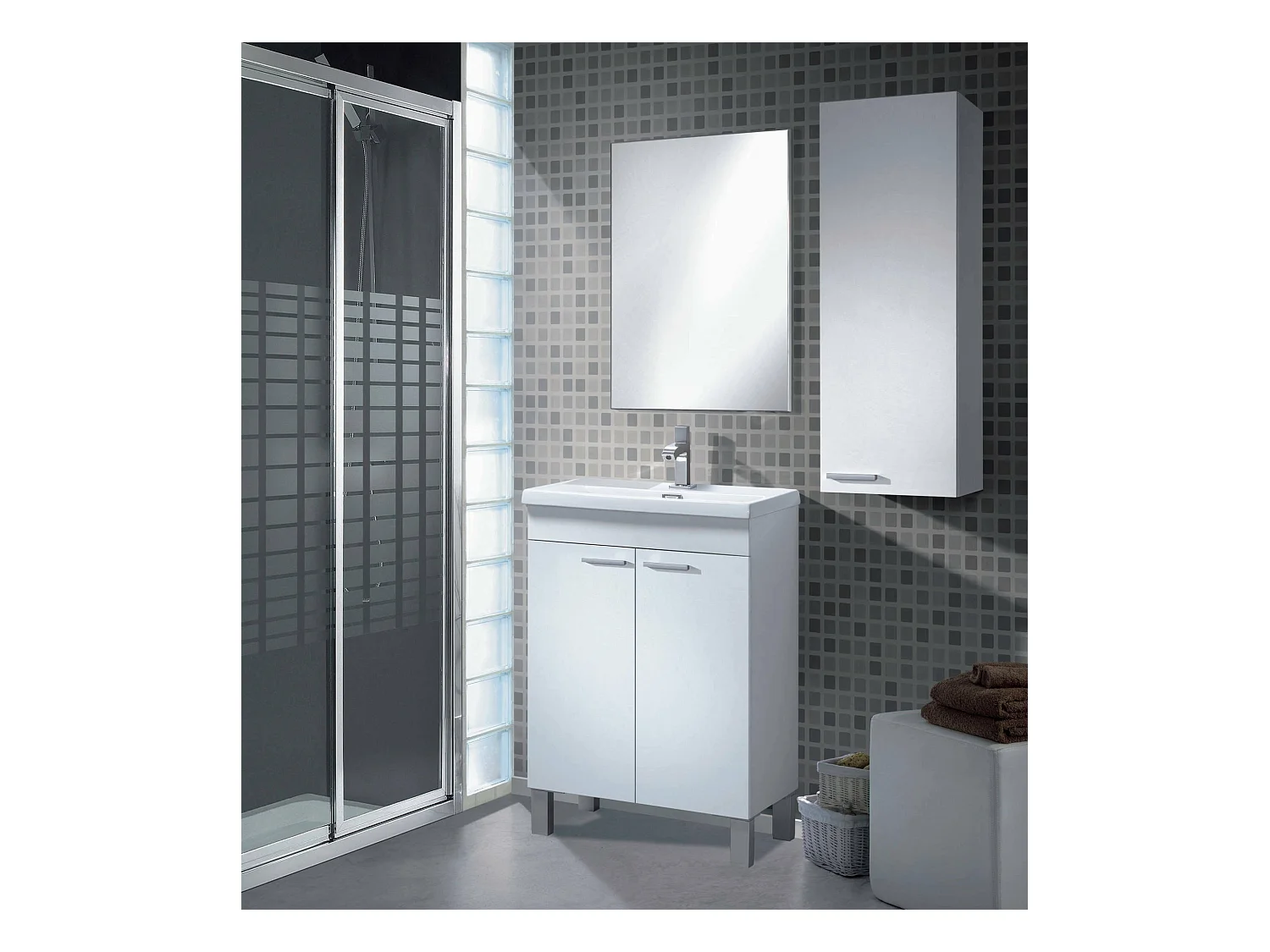 Meuble sous-vasque Naperville, Meuble de salle de bain, armoire 2 portes avec miroir, lavabo non inclus, 50x40h80 cm, Blanc