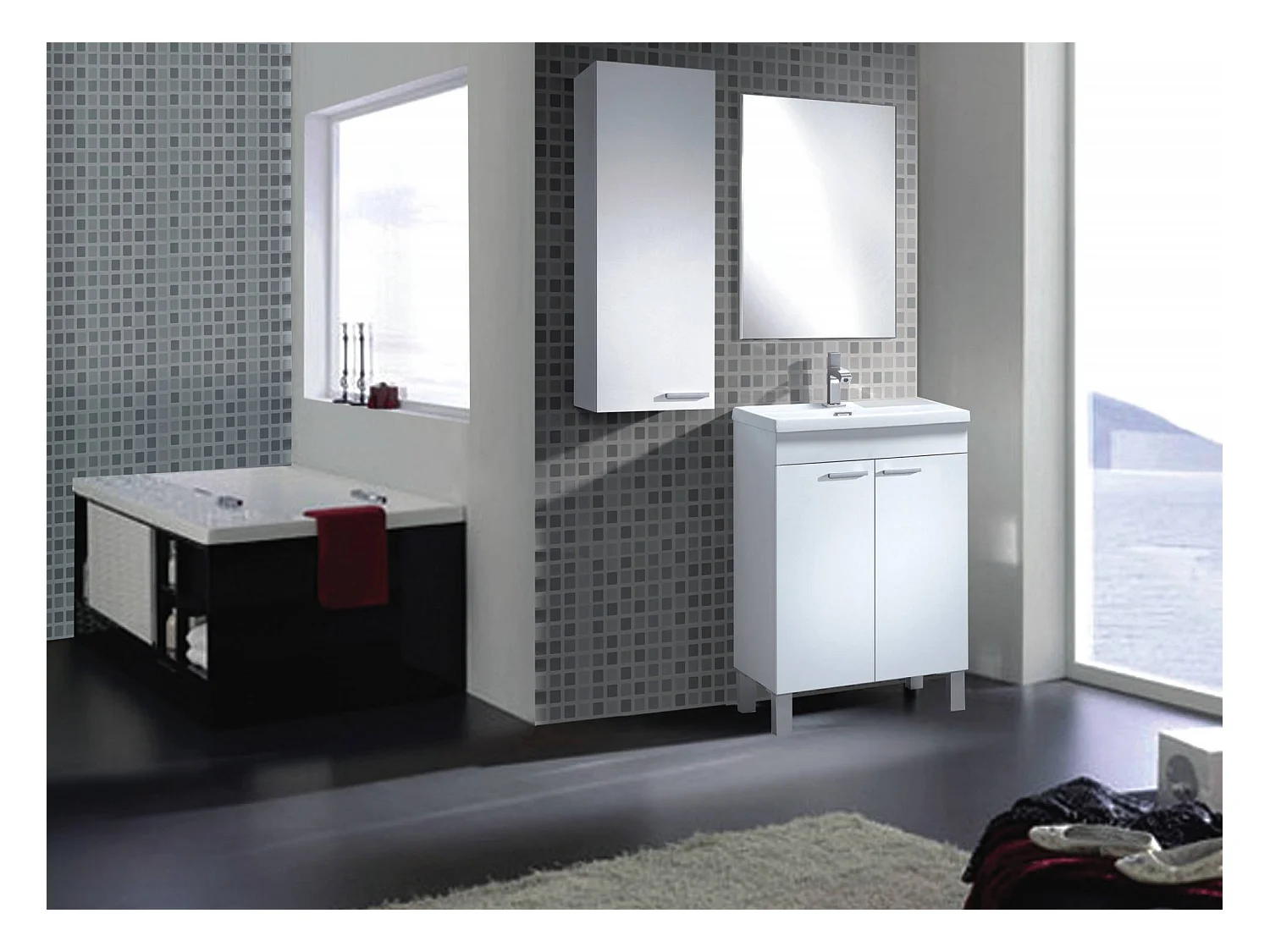 Meuble sous-vasque Naperville, Meuble de salle de bain, armoire 2 portes avec miroir, lavabo non inclus, 50x40h80 cm, Blanc