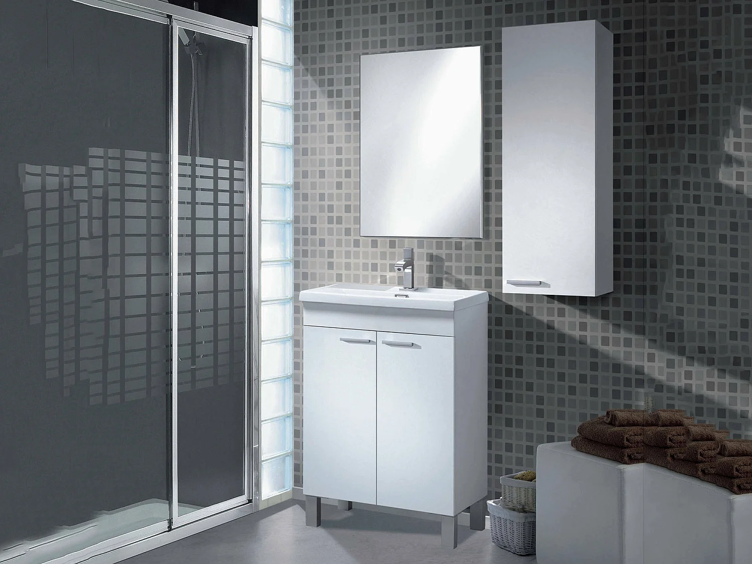 Meuble sous-vasque Naperville, Meuble de salle de bain, armoire 2 portes avec miroir, lavabo non inclus, 50x40h80 cm, Blanc