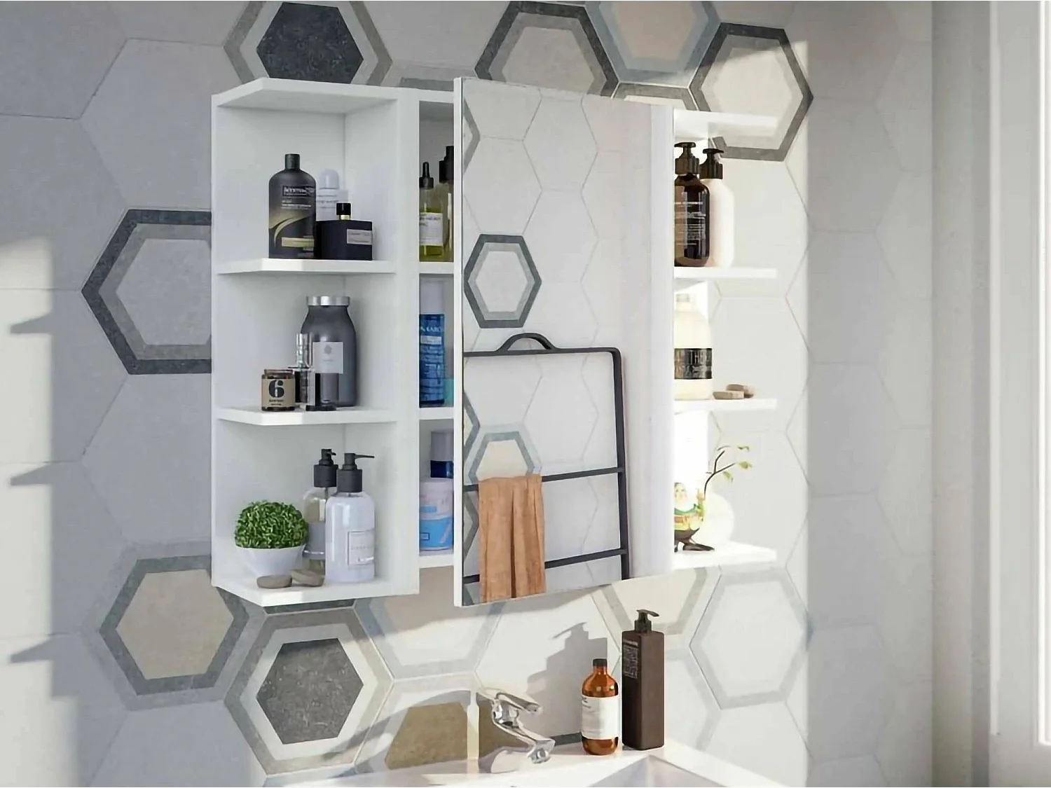 Armoire murale de salle de bain Lafayette, Armoire colonne pour salle de bain, Armoire suspendue, Blanc brillant, 40x21h65 - 1 porte cm