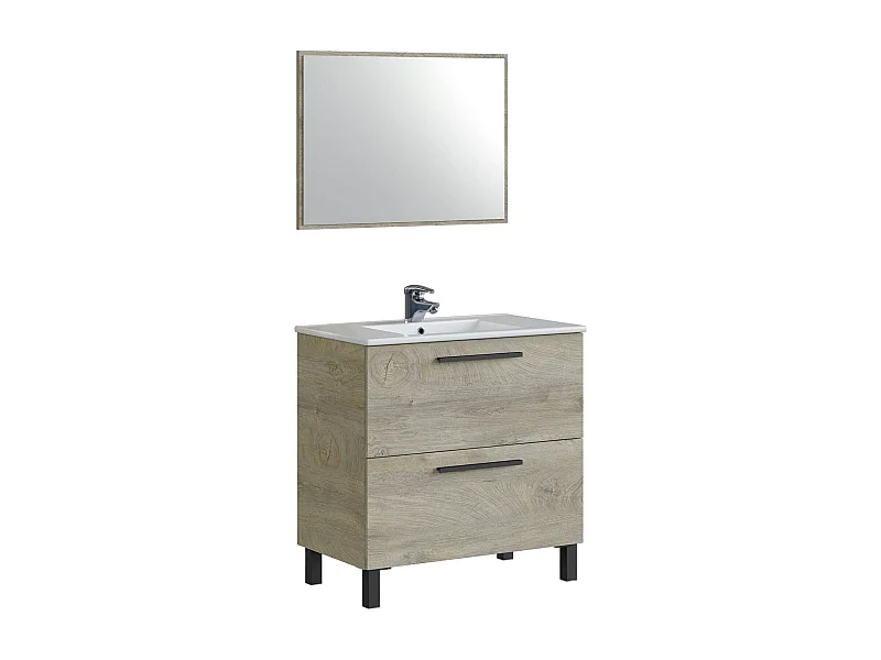 Meuble sous-vasque Yonkers, Meuble de salle de bain avec 2 tiroirs, Meuble suspendu avec miroir, lavabo non inclus, 80x45h80 cm, Chêne