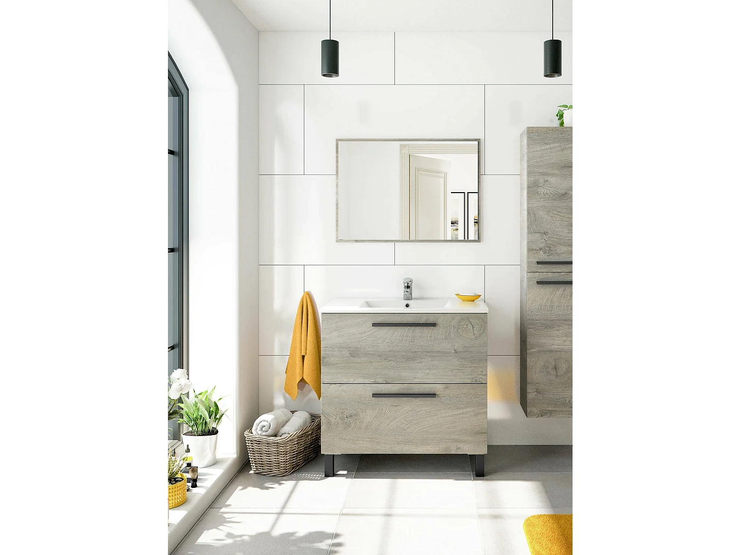 Mobile sottolavabo Yonkers, Mobiletto per bagno a 2 cassetti, Armadietto sospeso con specchio, lavabo non incluso, 80x45h80 cm, Rovere