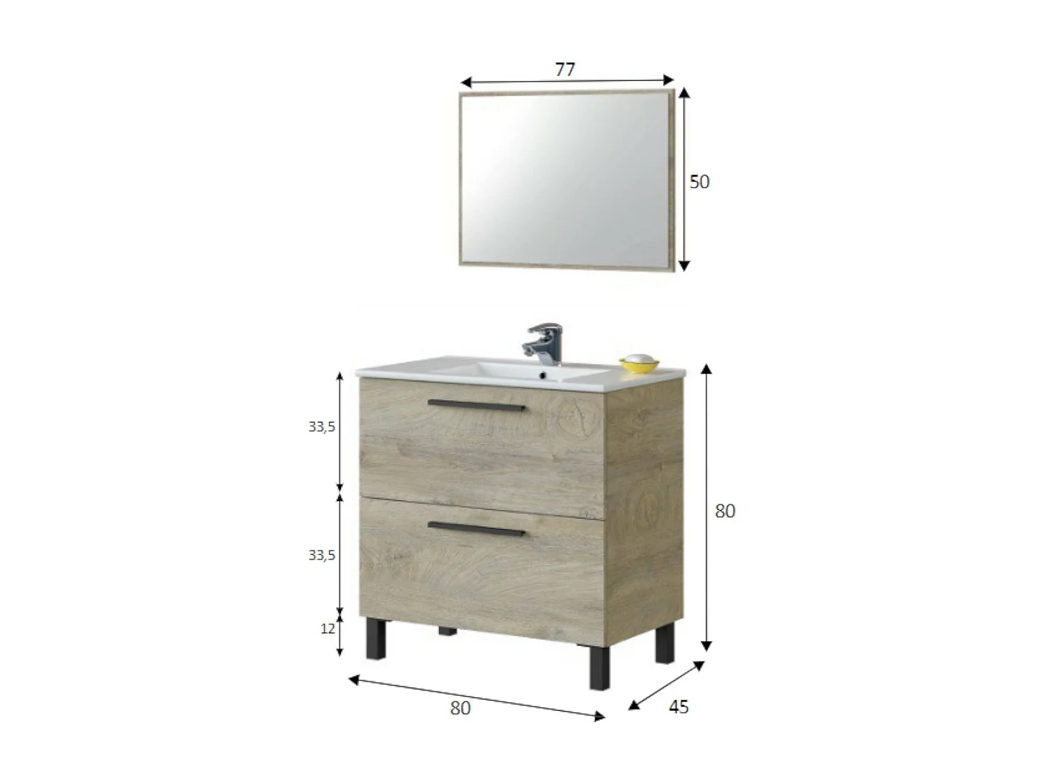 Mobile sottolavabo Yonkers, Mobiletto per bagno a 2 cassetti, Armadietto sospeso con specchio, lavabo non incluso, 80x45h80 cm, Rovere