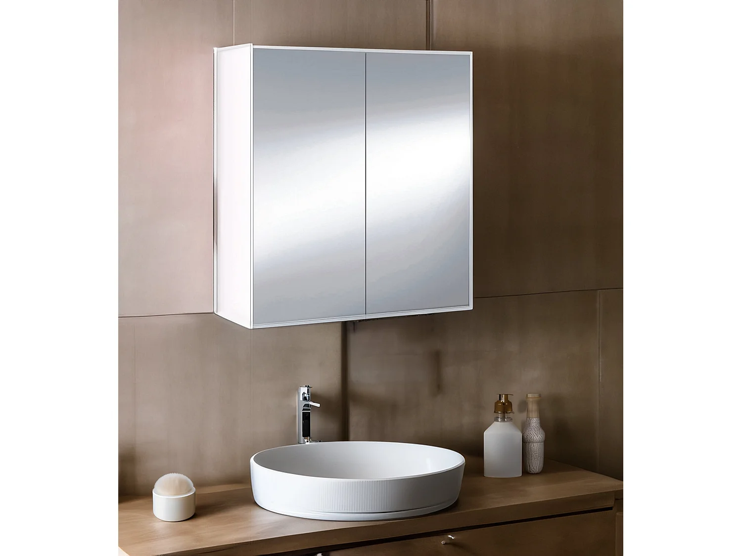 Dmora Mobile Pensile 21x65h cm Bianco Bianco Lucido Specchio Incluso Apertura Battente, 2 Ante