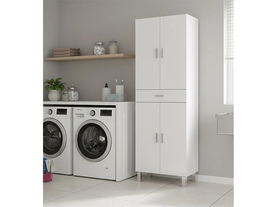 Armoire polyvalente Oxnard, Meuble de salle de bain ou buanderie avec 4 portes et 1 tiroir, Armoire à chaussures polyvalente, 60x29h182 cm, Blanc brillant