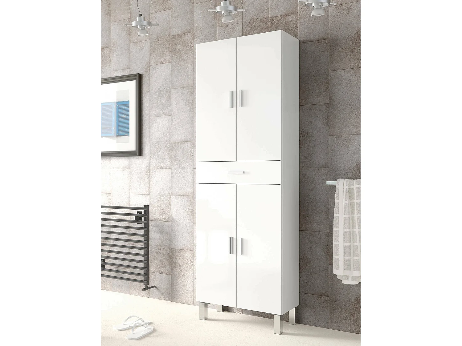 Armadio multiuso Oxnard, Mobile per bagno o lavanderia a 4 ante e 1 cassetto, Armadio multiuso portascarpe, 60x29h182 cm, Bianco lucido