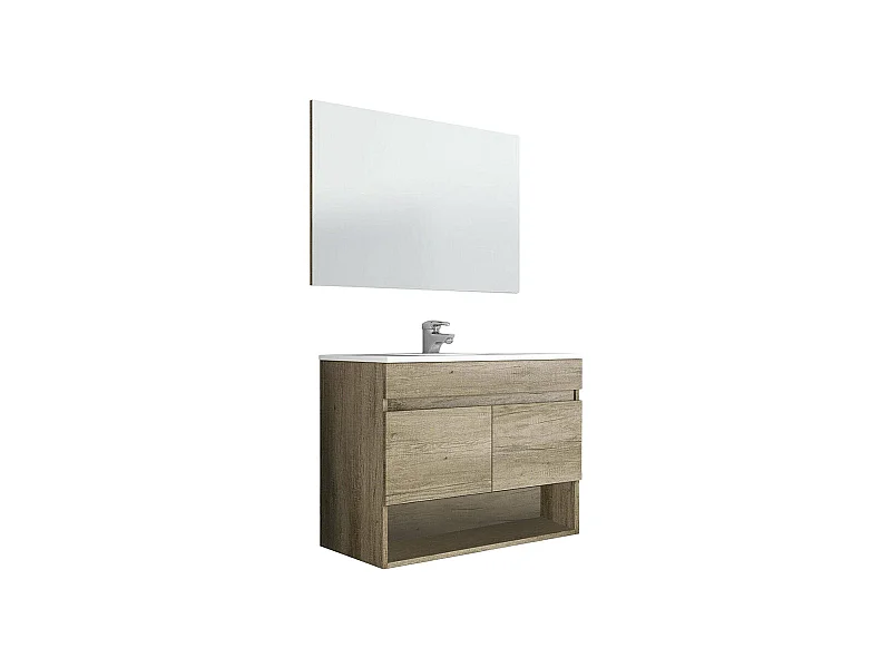 Shreveport Meuble sous-vasque, meuble de salle de bain 2 portes, meuble suspendu avec étagère et miroir, évier non inclus, 80 x 45 h 64 cm, chêne