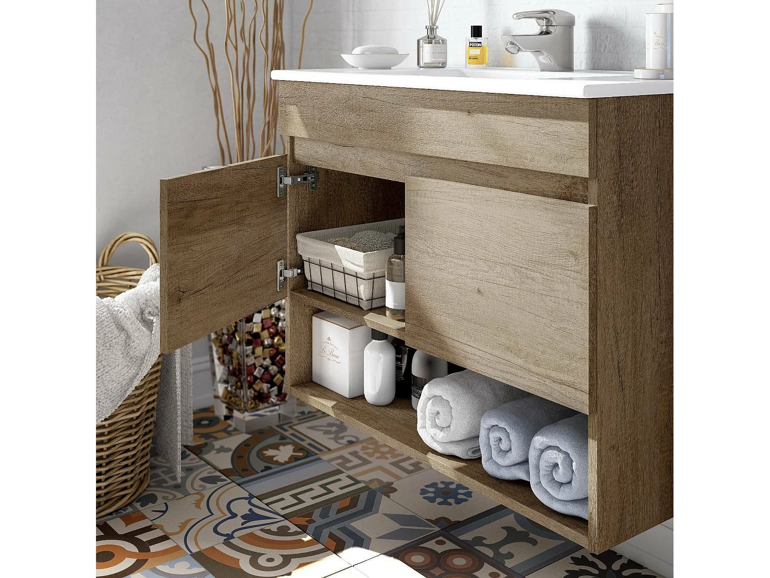 Shreveport Meuble sous-vasque, meuble de salle de bain 2 portes, meuble suspendu avec étagère et miroir, évier non inclus, 80 x 45 h 64 cm, chêne