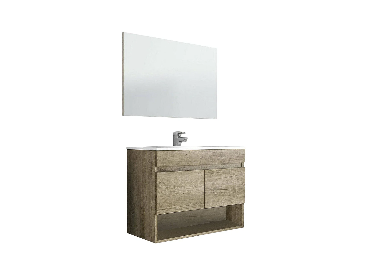 Shreveport Meuble sous-vasque, meuble de salle de bain 2 portes, meuble suspendu avec étagère et miroir, évier non inclus, 80 x 45 h 64 cm, chêne