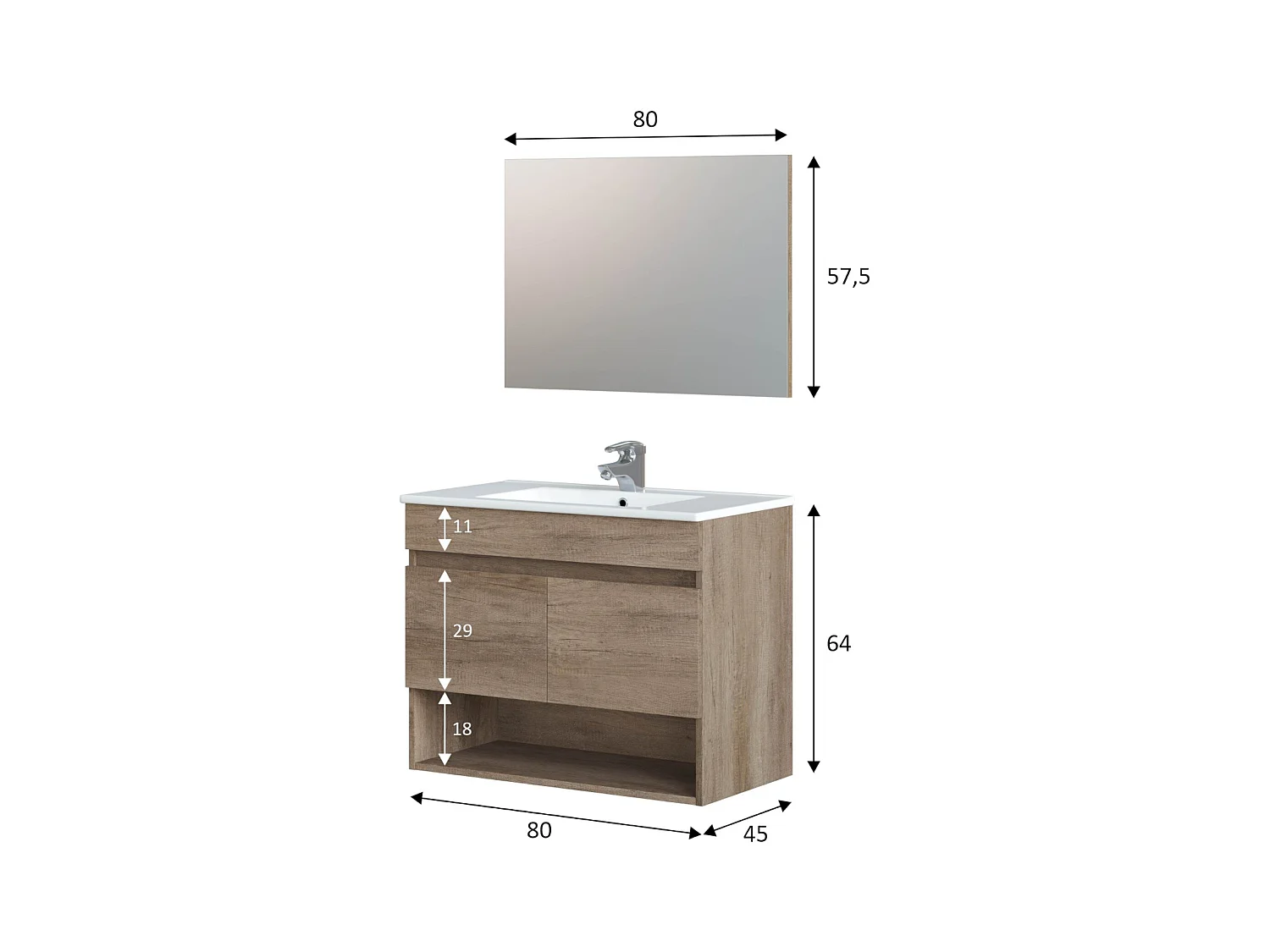 Shreveport Meuble sous-vasque, meuble de salle de bain 2 portes, meuble suspendu avec étagère et miroir, évier non inclus, 80 x 45 h 64 cm, chêne