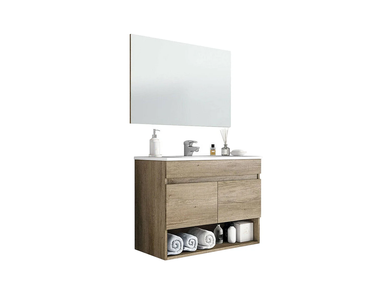 Shreveport Meuble sous-vasque, meuble de salle de bain 2 portes, meuble suspendu avec étagère et miroir, évier non inclus, 80 x 45 h 64 cm, chêne