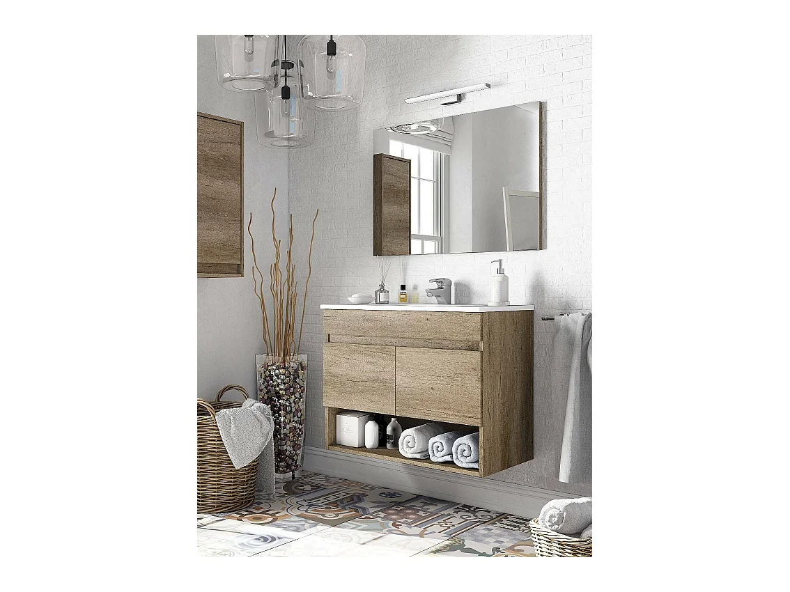 Shreveport Meuble sous-vasque, meuble de salle de bain 2 portes, meuble suspendu avec étagère et miroir, évier non inclus, 80 x 45 h 64 cm, chêne