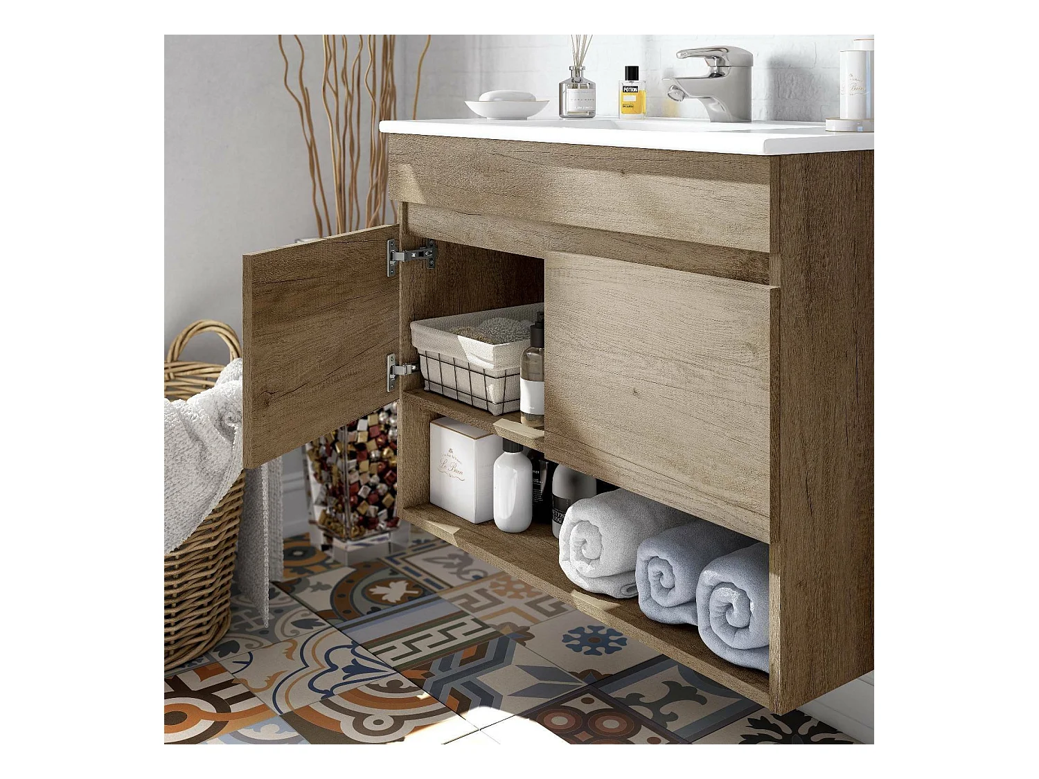 Shreveport Meuble sous-vasque, meuble de salle de bain 2 portes, meuble suspendu avec étagère et miroir, évier non inclus, 80 x 45 h 64 cm, chêne