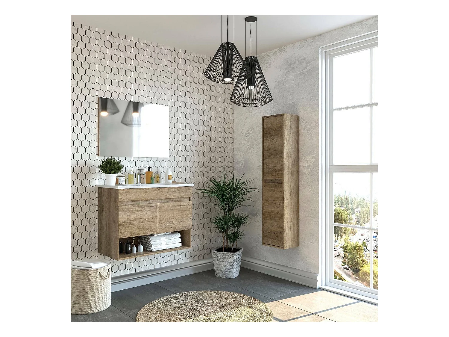 Shreveport Meuble sous-vasque, meuble de salle de bain 2 portes, meuble suspendu avec étagère et miroir, évier non inclus, 80 x 45 h 64 cm, chêne