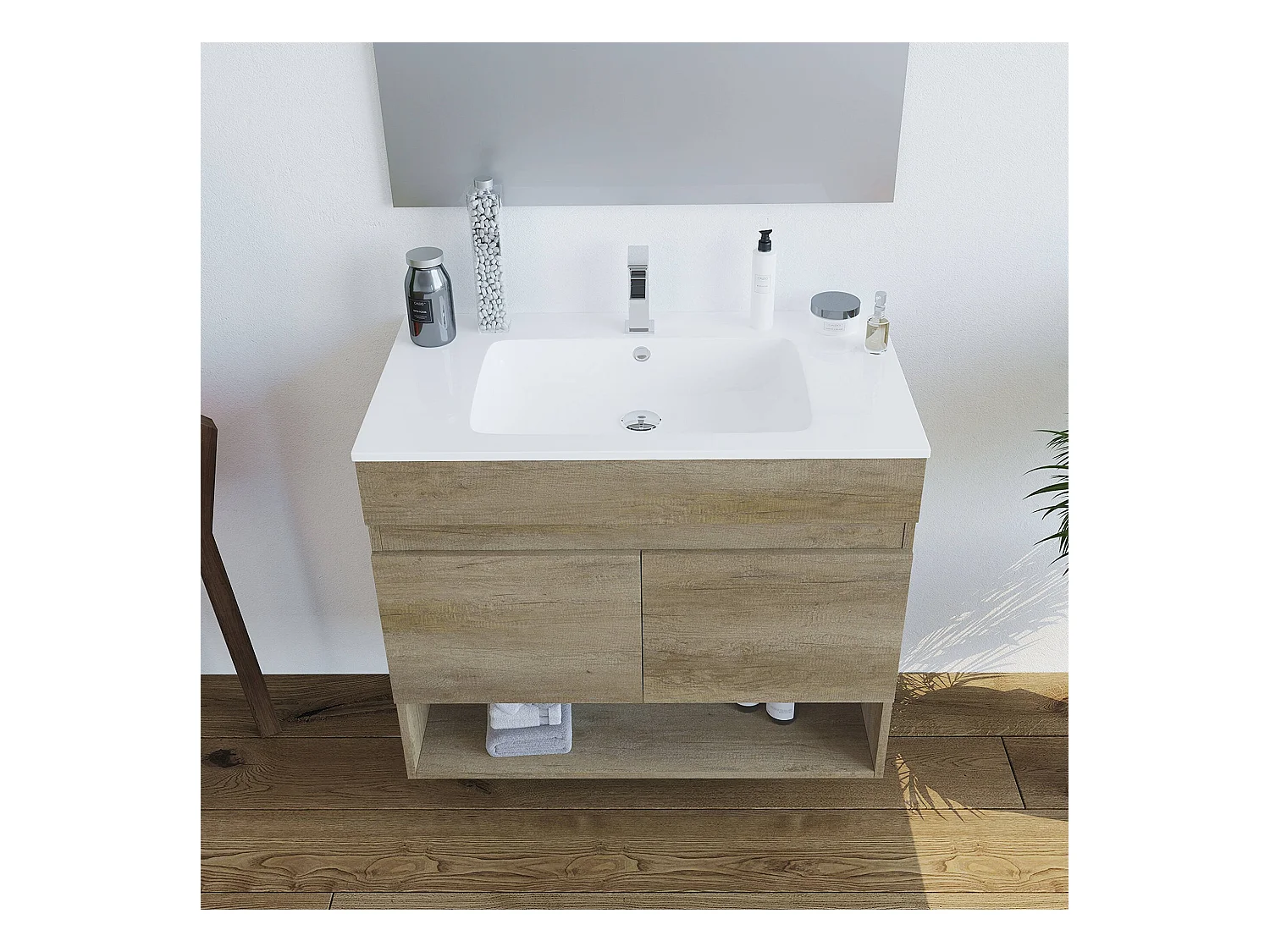 Shreveport Meuble sous-vasque, meuble de salle de bain 2 portes, meuble suspendu avec étagère et miroir, évier non inclus, 80 x 45 h 64 cm, chêne