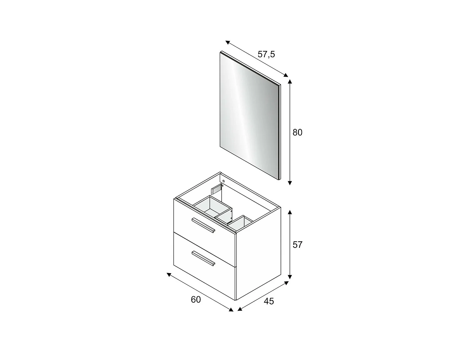 Mobile sottolavabo Fontana, Mobiletto per bagno a 2 cassetti, Armadietto sospeso con specchio, lavabo non incluso, 60x45h57 cm, Rovere