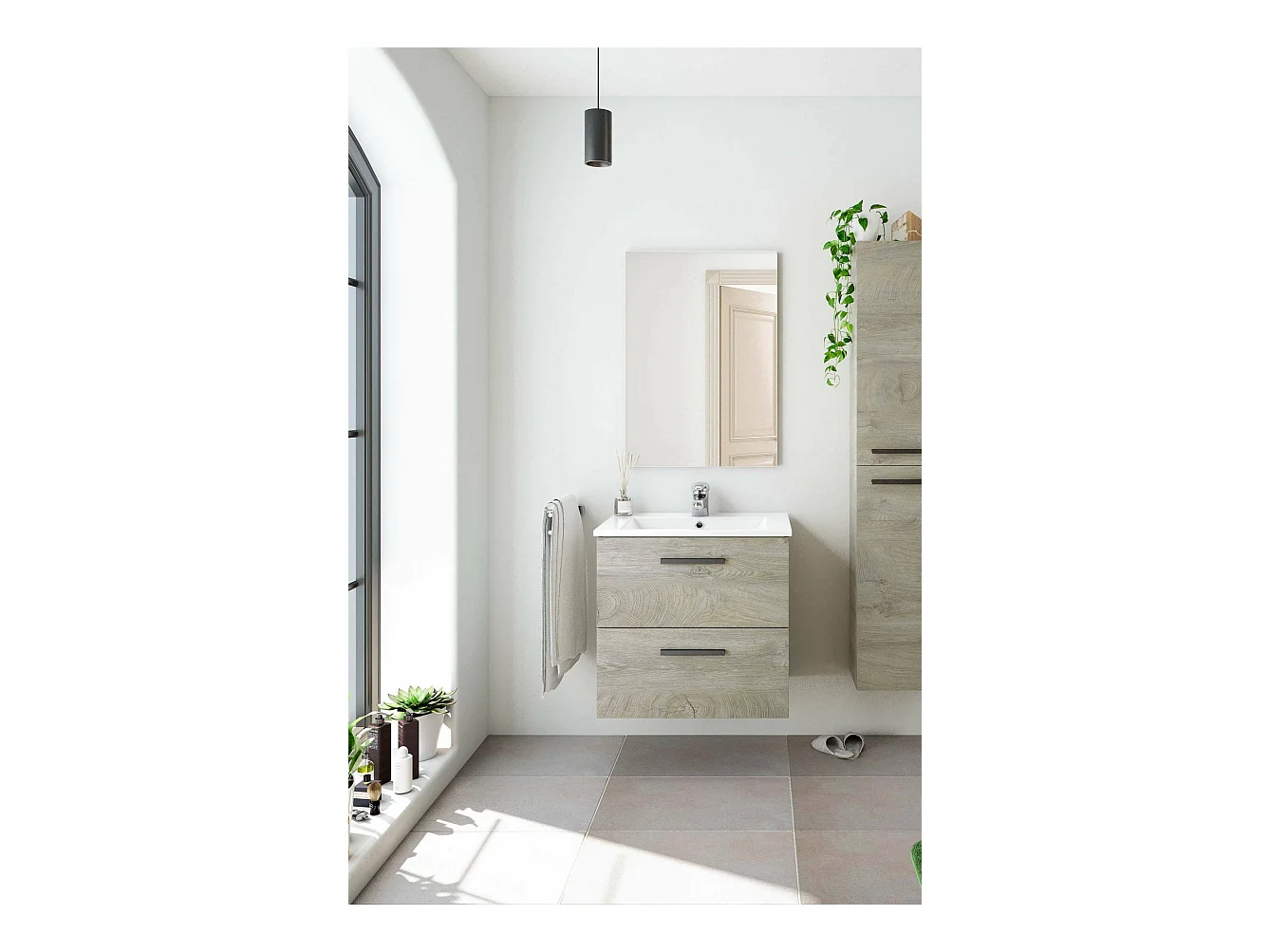 Mobile sottolavabo Fontana, Mobiletto per bagno a 2 cassetti, Armadietto sospeso con specchio, lavabo non incluso, 60x45h57 cm, Rovere
