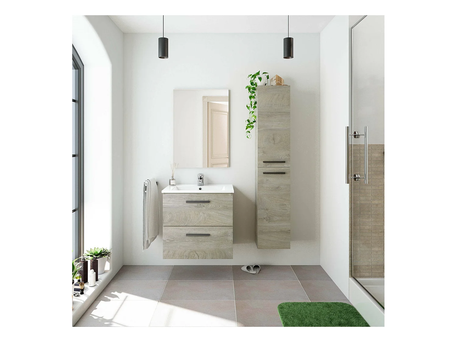 Mobile sottolavabo Fontana, Mobiletto per bagno a 2 cassetti, Armadietto sospeso con specchio, lavabo non incluso, 60x45h57 cm, Rovere