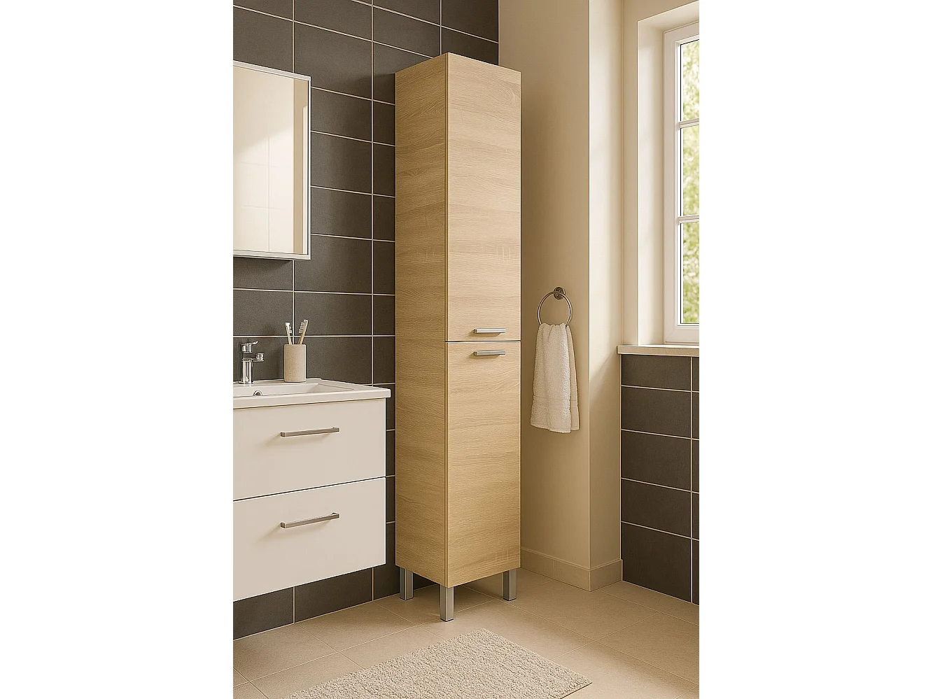 Colonne de salle de bain Hollywood, Armoire colonne de salle de bain avec 2 portes, Armoire murale avec 2 étagères, 30x25h182 cm, Chêne