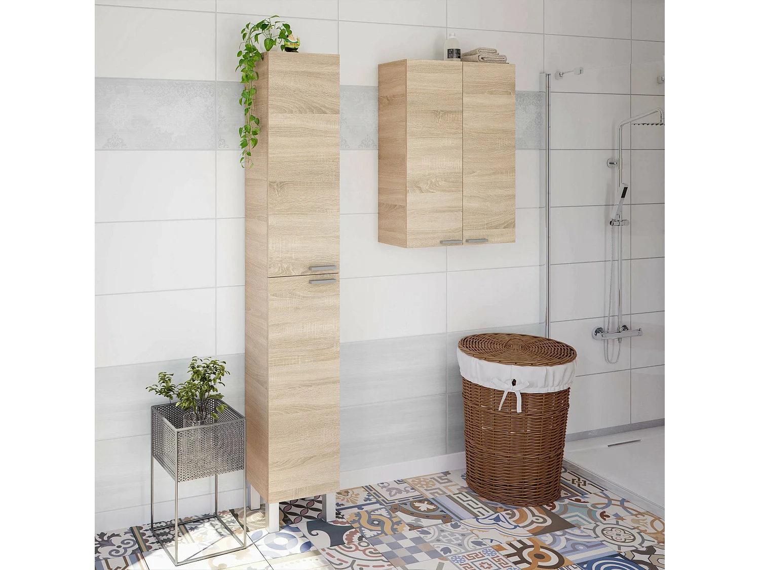 Colonne de salle de bain Hollywood, Armoire colonne de salle de bain avec 2 portes, Armoire murale avec 2 étagères, 30x25h182 cm, Chêne