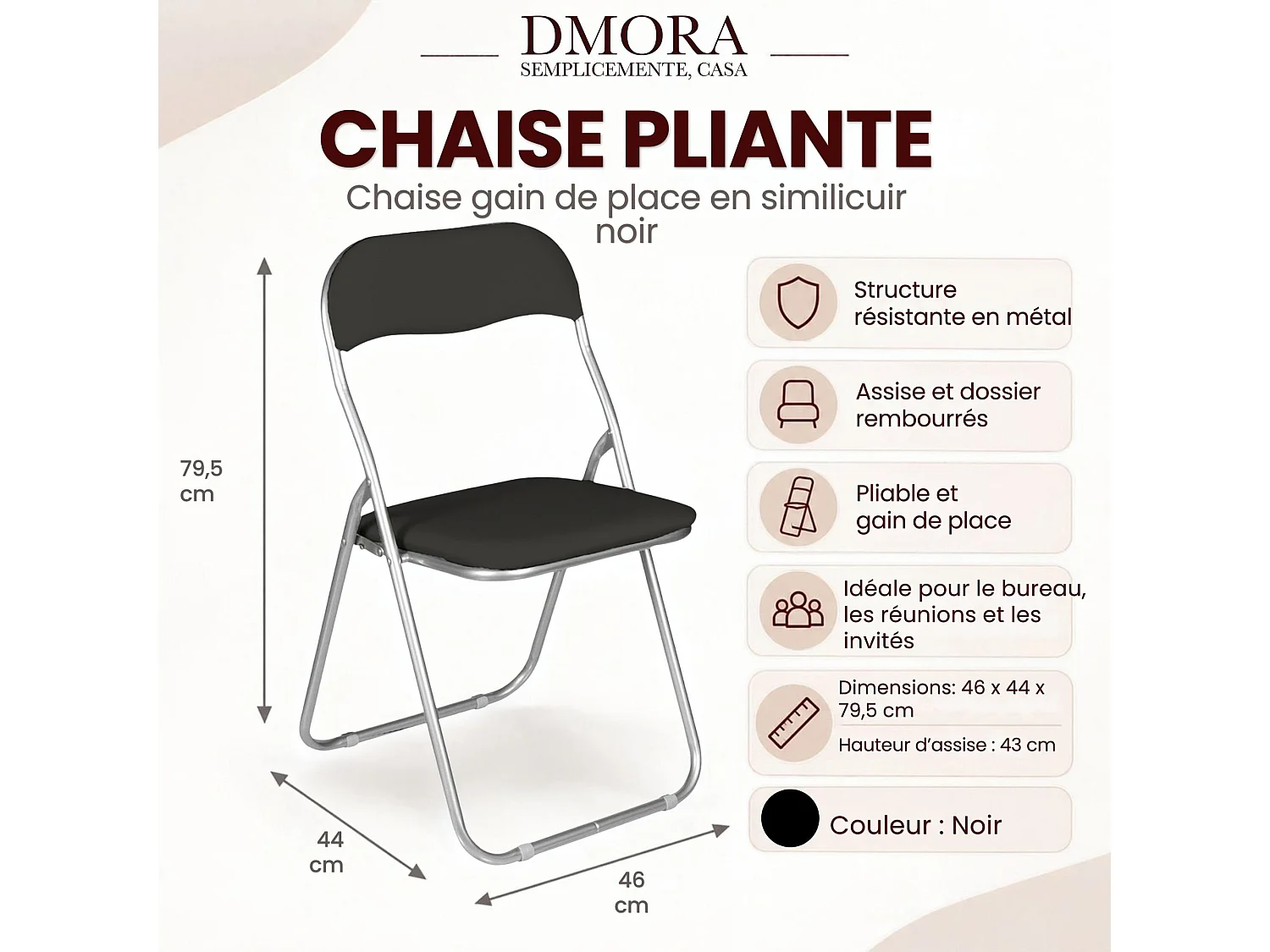 Chaise pliante Marbella, Chaise peu encombrante, Chaise invité, Siège de réunion en éco-cuir, 43x47h80 cm, Noir