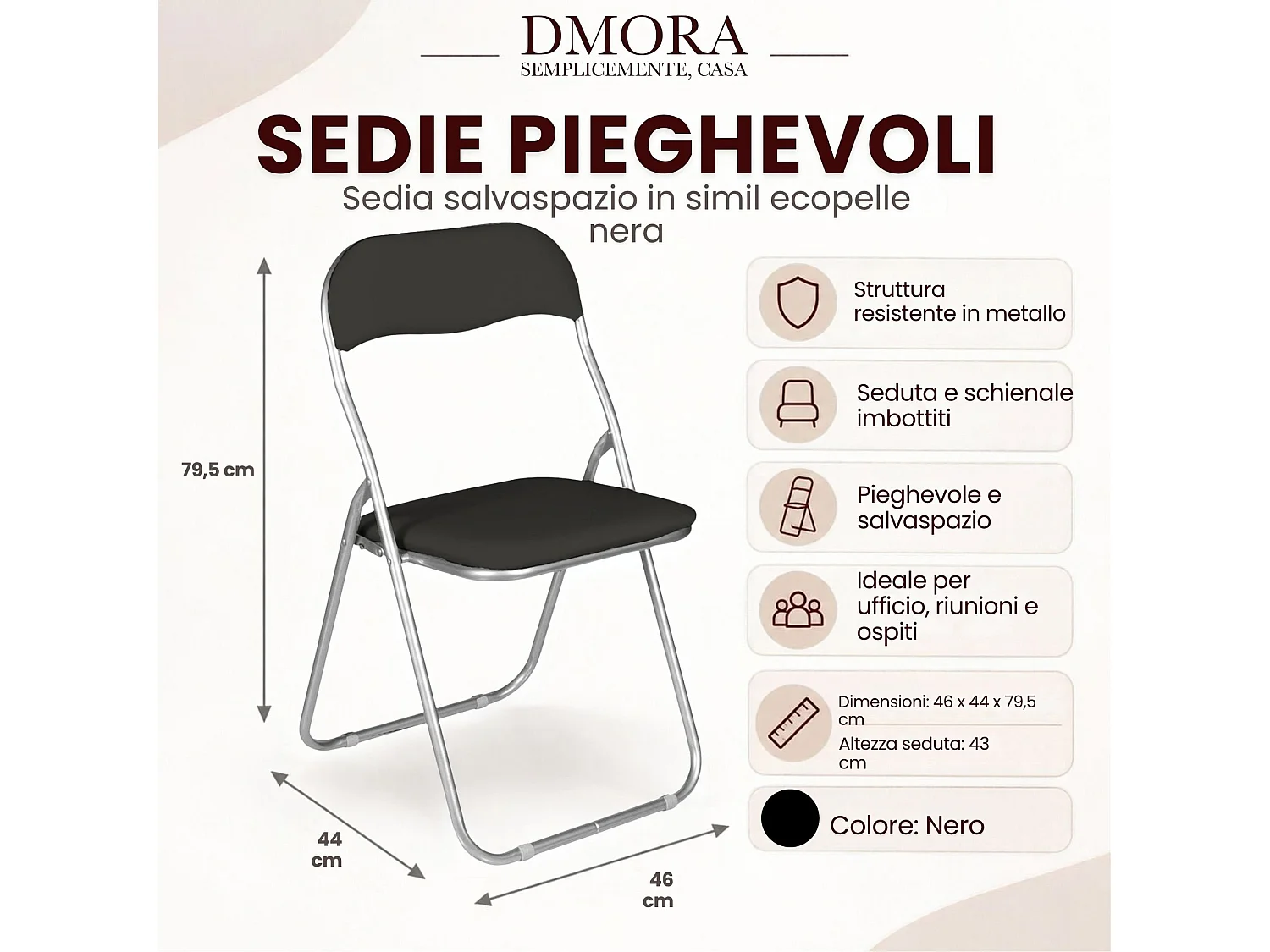 Chaise pliante Marbella, Chaise peu encombrante, Chaise invité, Siège de réunion en éco-cuir, 43x47h80 cm, Noir