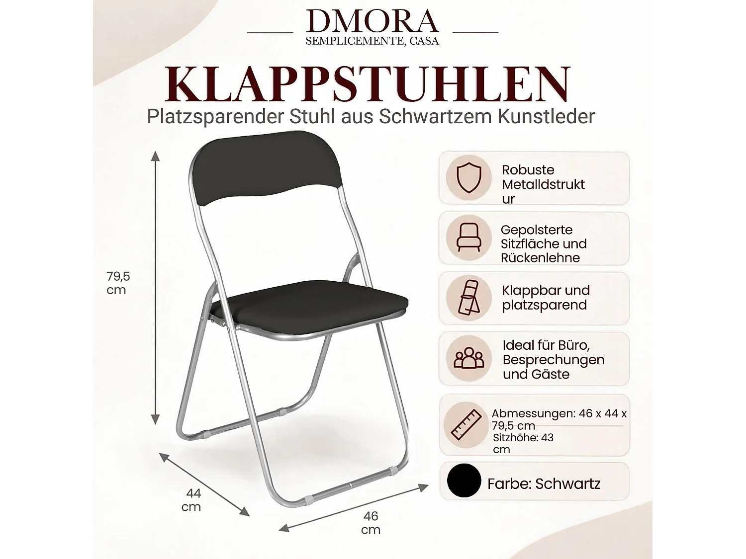 Klappstuhl Marbella, Platzsparender Stuhl, Gästestuhl, Besprechungssitz aus Ã–ko-Leder, 43x47h80 cm, Schwarz