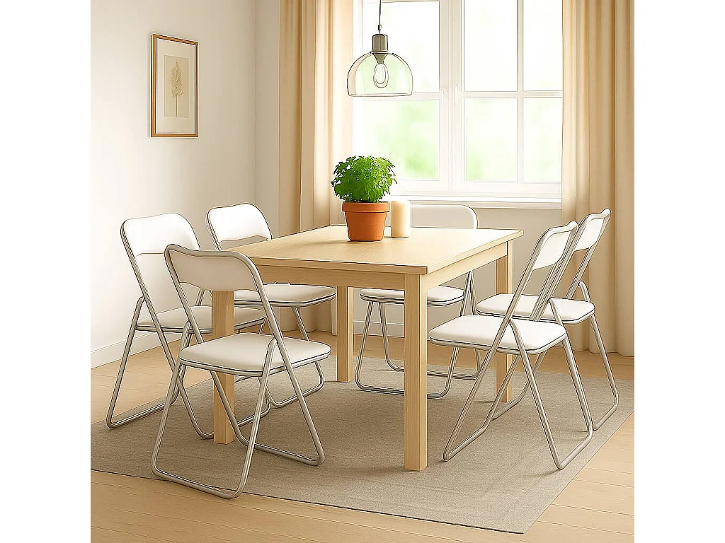 Lot de 6 chaises pliantes Marbella, Fauteuil gain de place, Chaise invité, Siège de réunion en simili cuir, 43x47h80 cm, Blanc