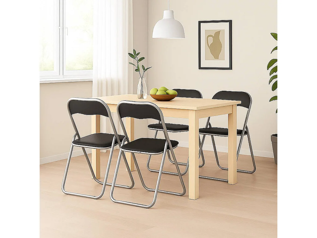 Set van 4 Marbella klapstoelen, Ruimtebesparende fauteuil, Gaststoel, Vergaderzitplaats in kunstleer, 43x47h80 cm, Zwart