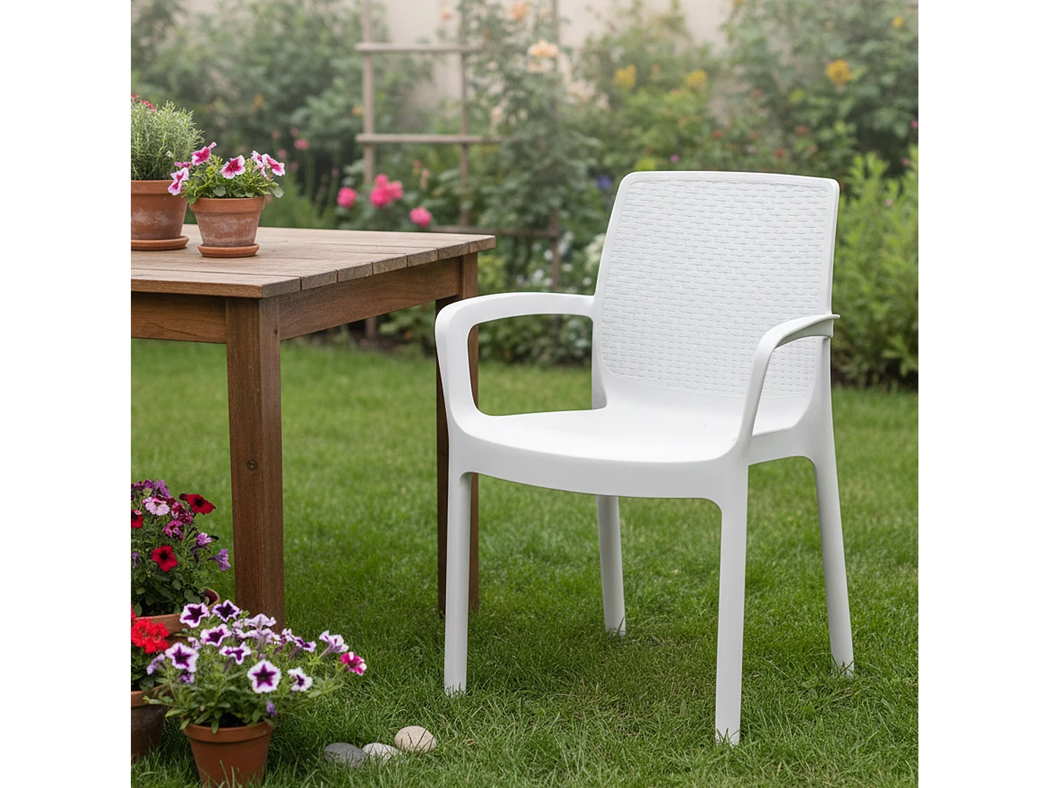 Chaise d'extérieur Torino, Siège de jardin, Chaise pour table à manger, Fauteuil d'extérieur effet rotin, 100% Made in Italy, 54x60h82 cm, Blanc