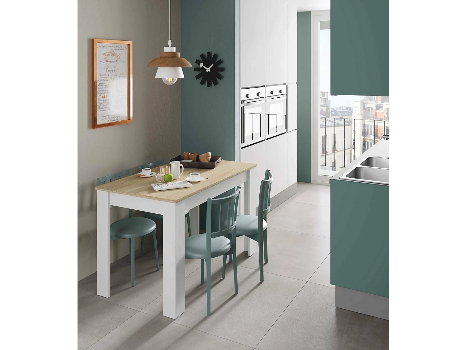 Table fixe Lowell, Etagère de salle à manger, Table console moderne pour salon ou cuisine, 109x67x78 cm, Blanc et Chêne