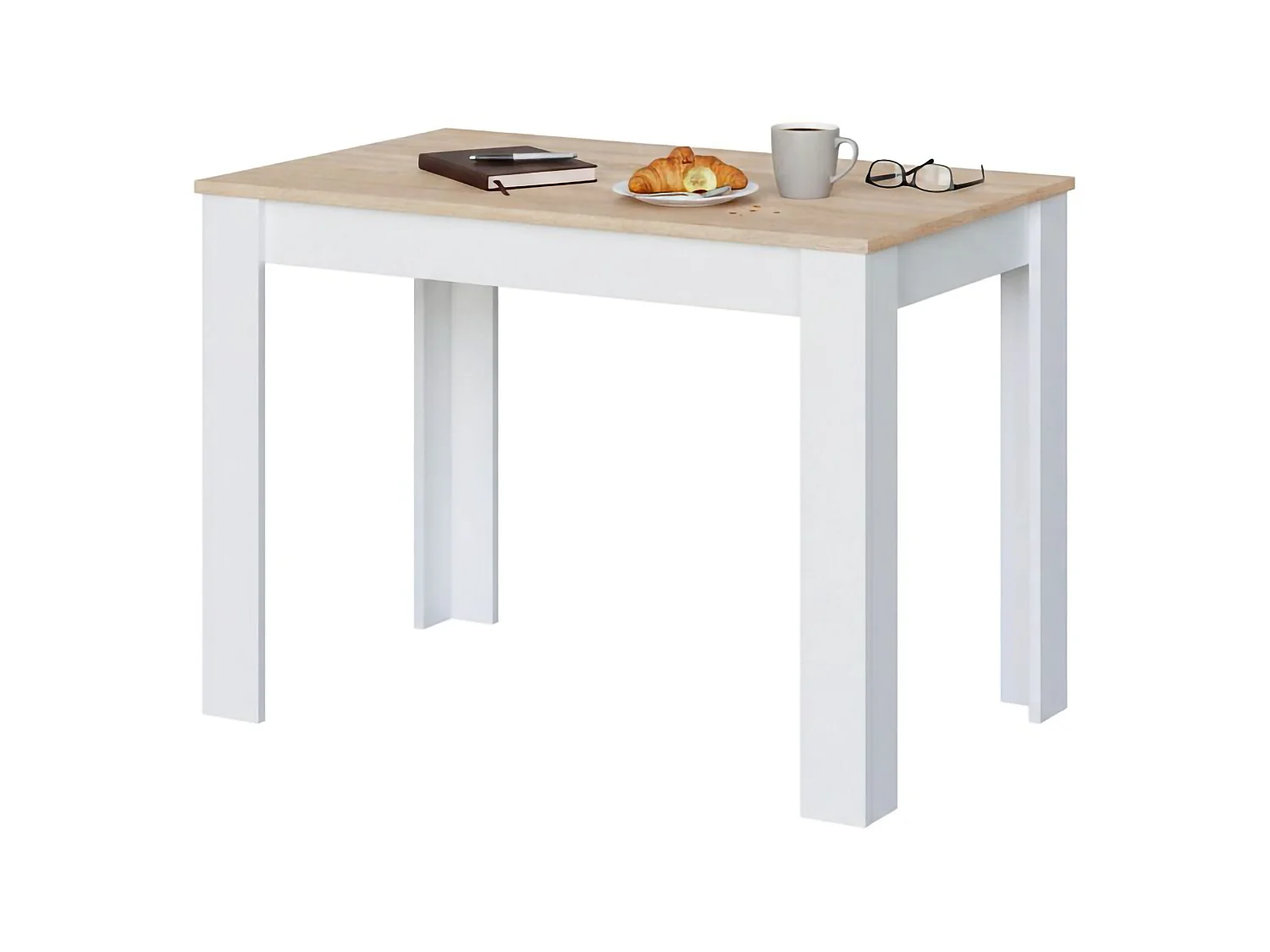 Table fixe Lowell, Etagère de salle à manger, Table console moderne pour salon ou cuisine, 109x67x78 cm, Blanc et Chêne
