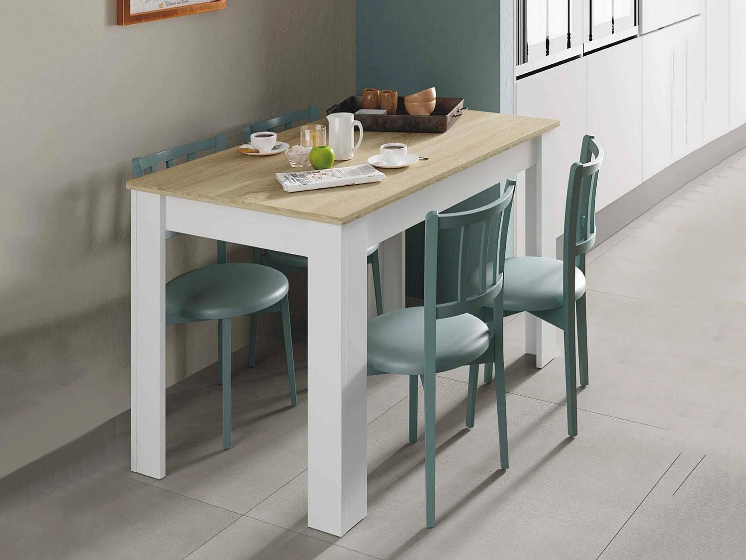 Table fixe Lowell, Etagère de salle à manger, Table console moderne pour salon ou cuisine, 109x67x78 cm, Blanc et Chêne