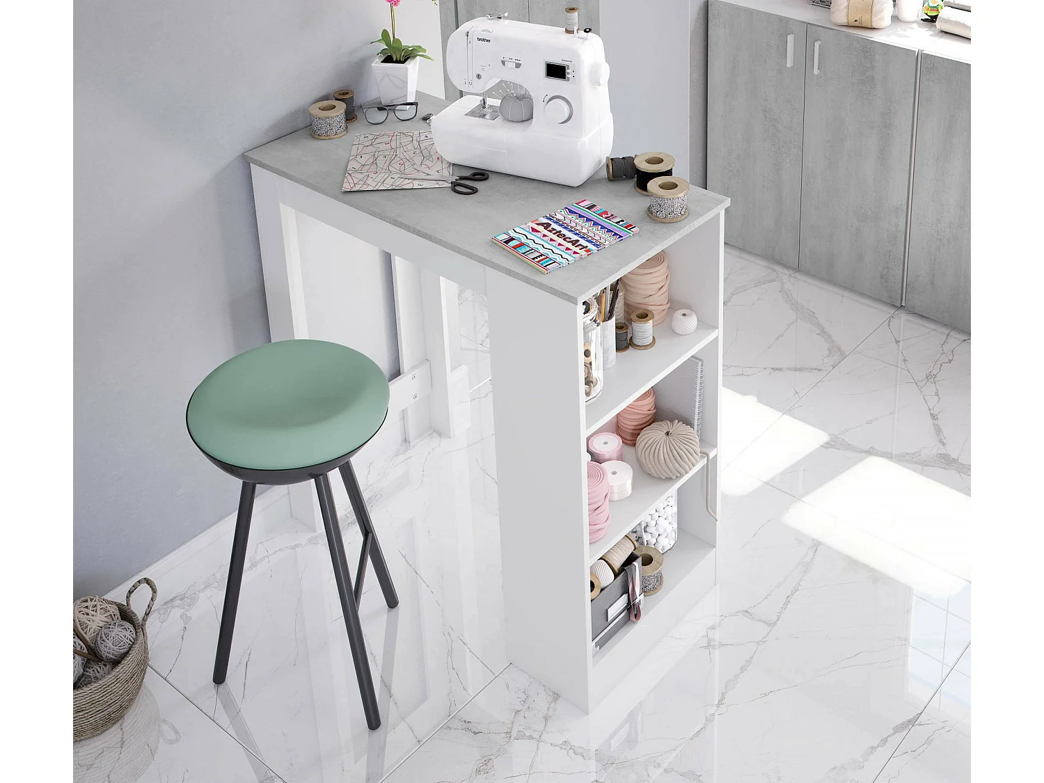 Mesa fixa Glendale, Mesa alta de cozinha, Península com 3 prateleiras, Balcão auxiliar, Balcão auxiliar, 103x50h105 cm, Branco e Cimento