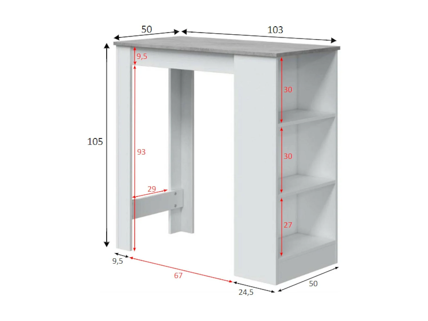 Mesa fixa Glendale, Mesa alta de cozinha, Península com 3 prateleiras, Balcão auxiliar, Balcão auxiliar, 103x50h105 cm, Branco e Cimento