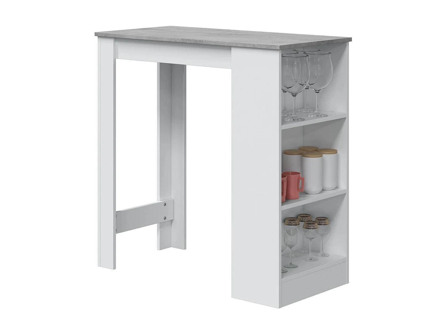 Mesa fixa Glendale, Mesa alta de cozinha, Península com 3 prateleiras, Balcão auxiliar, Balcão auxiliar, 103x50h105 cm, Branco e Cimento