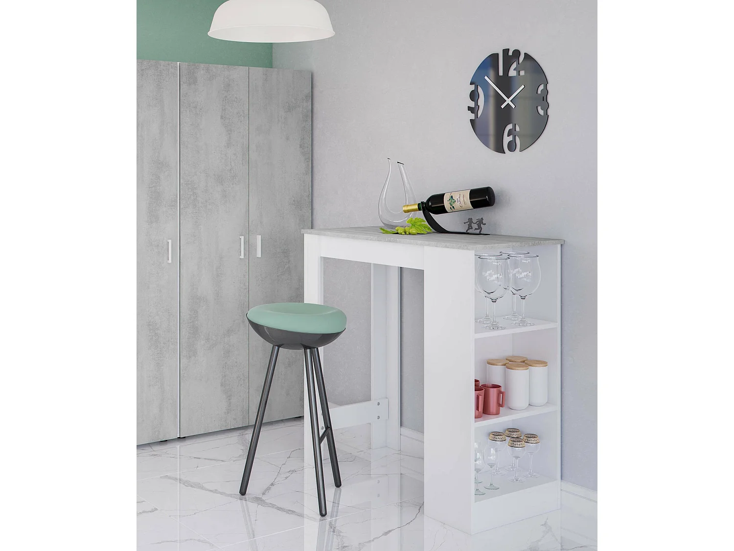 Mesa fixa Glendale, Mesa alta de cozinha, Península com 3 prateleiras, Balcão auxiliar, Balcão auxiliar, 103x50h105 cm, Branco e Cimento