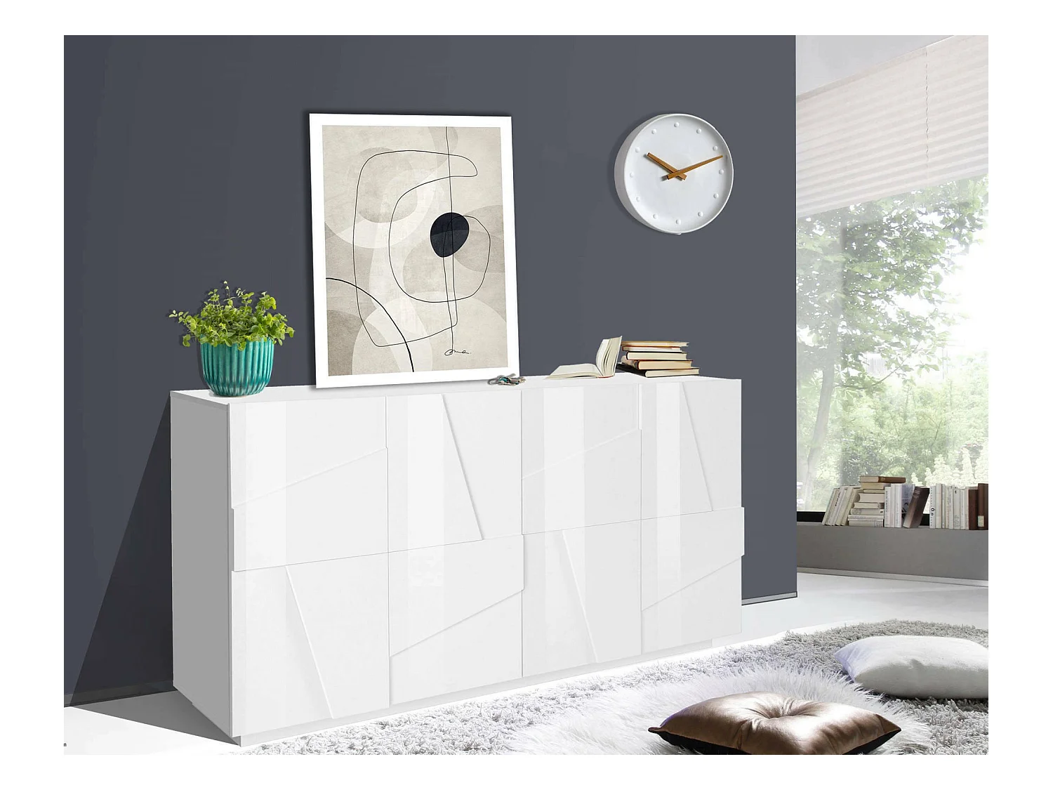 Buffet Noel, Buffet de cuisine 4 portes, Buffet de salon, 100% Made in Italy, 162x44h86 cm, Blanc brillant