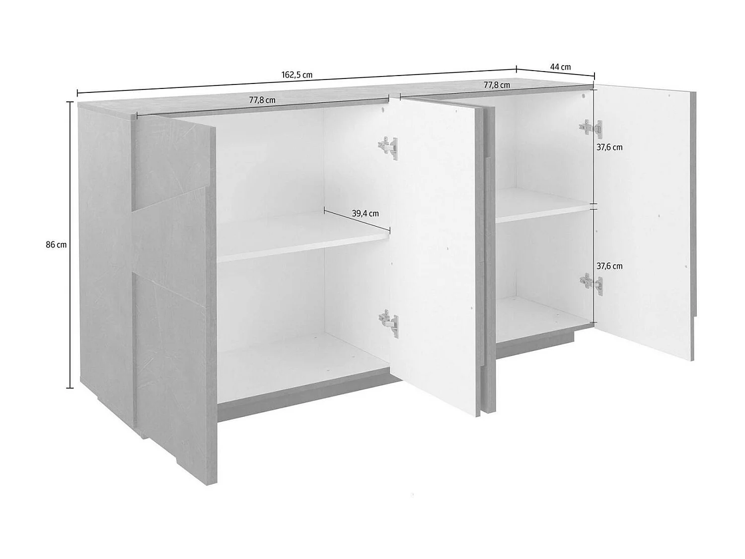 Buffet Noel, Buffet de cuisine 4 portes, Buffet de salon, 100% Made in Italy, 162x44h86 cm, Blanc brillant