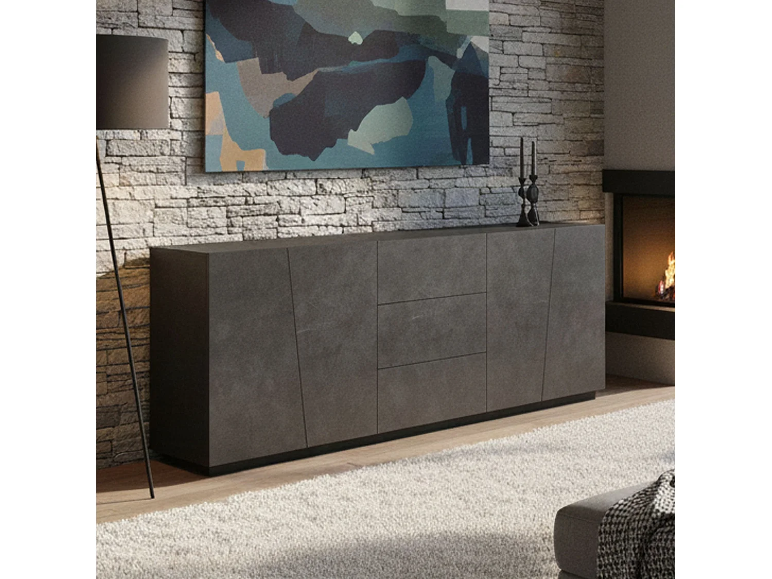 Buffet Sven, Buffet de cuisine avec 4 portes et 3 tiroirs, Buffet de salon, 100% Made in Italy, 220x43h86 cm, Ardoise