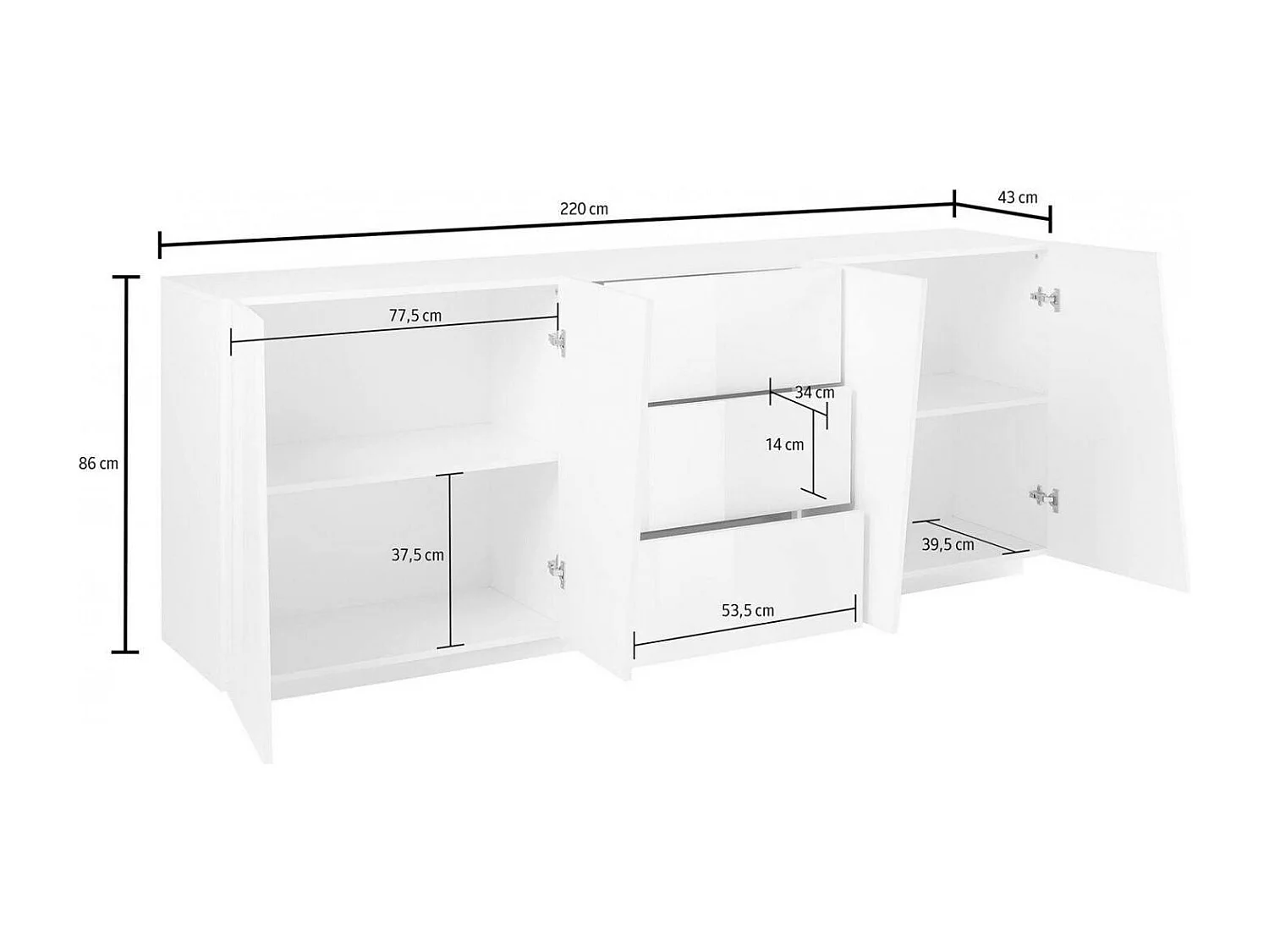 Dmora Dressoir Sven 43x220x86h cm Leigrijs 2 Planken 3 Lades, Dressoir 4 Vakken Made in Italy