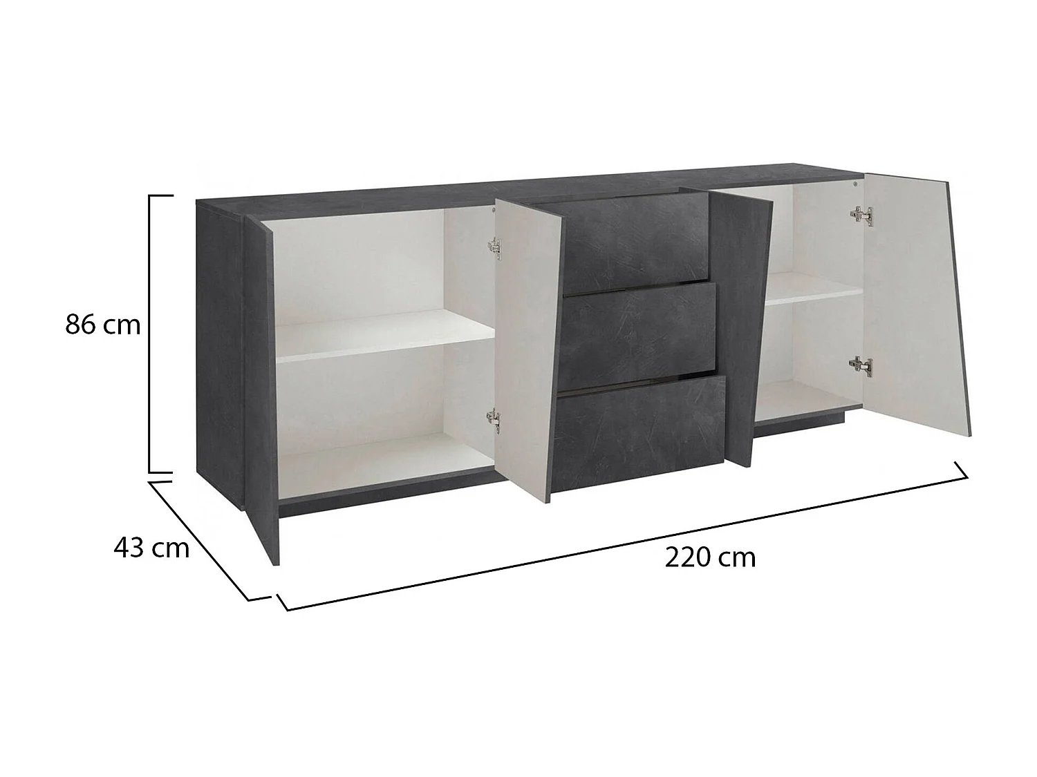 Dmora Dressoir Sven 43x220x86h cm Leigrijs 2 Planken 3 Lades, Dressoir 4 Vakken Made in Italy