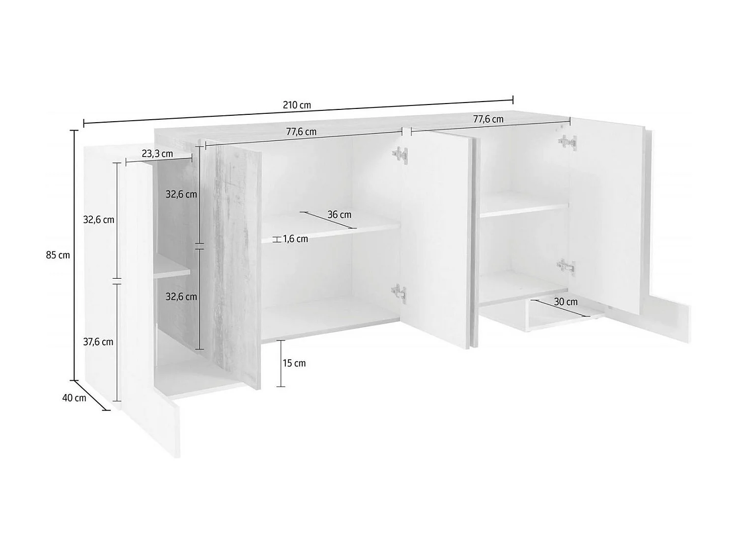 Buffet Nando, Buffet de cuisine 6 portes, Buffet de salon, 100% Made in Italy, 210x45h85 cm, Blanc brillant et ardoise